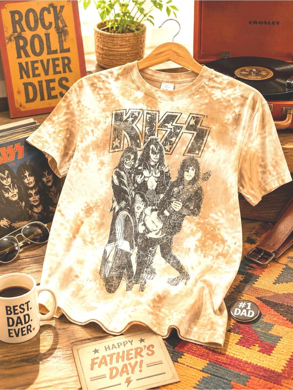 KISS Band T-Shirt Men’s Medium Brown & White Tie Dye Retro Rocker Short Sleeve